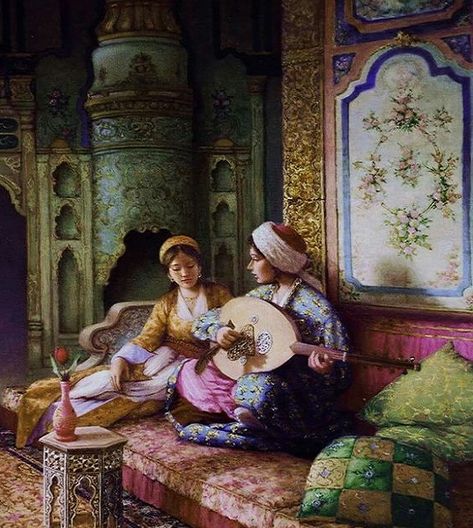 Female members of a family entertaining themselves with music.  Mid Ottoman era. By the way, the so-called "harem life" is something many orientalists keep ranting and painting like fools.  Do please check on the myths and misconceptions  about the harem @ Muslim Villa. Painting Studies, Middle Eastern Art, Arabian Art, The Ottoman Empire, Islamic Paintings, Eastern Art, Arabic Art, Turkish Art, Arabian Nights