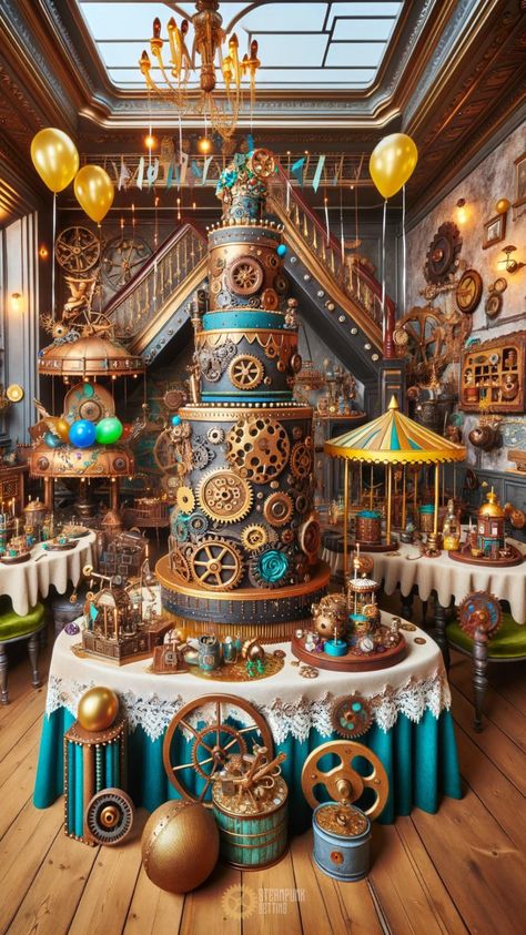 Steampunk Tea Party, Steampunk Party Ideas, Candy Moodboard, Steampunk Party Decorations, Steampunk Wedding Decorations, Steampunk Wedding Cake, Steampunk Phone, Adventurers Club, Steampunk Elements