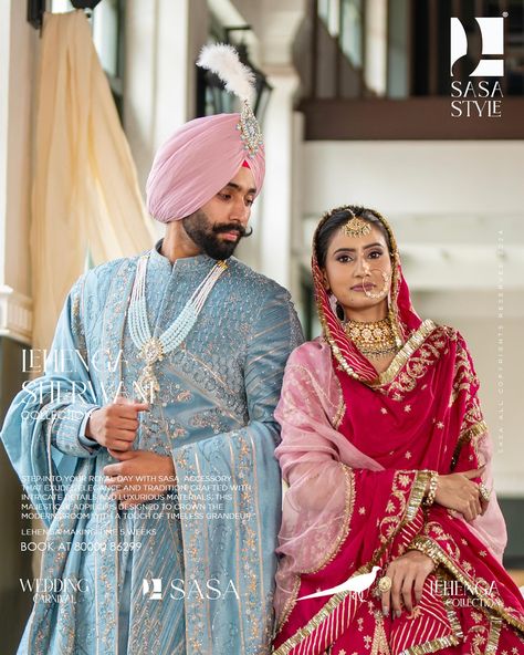 Sherwani set ₹163999.00 Lehenga set ₹499000.00 Powder blue sherwani composed with hand embroidery of floral and geometrical patterns adds royalty and grace to the groom’s appearance. On other hand the bride is perfectly paired with the groom in her magenta pink Lehenga made in pure silk with beautiful hand embroidery making it the perfect contrast match. Visit SASA STYLE 📍Store Location; Sector 125,Chandigarh WhatsApp or Call +918000086299 📍Store Location; K. C. Road Barnala WhatsApp or Cal... Magenta Pink Lehenga, Blue Sherwani, Wedding Fits, Sherwani Groom, Pink Lehenga, Magenta Pink, Wedding Matches, The Groom, Couples In Love