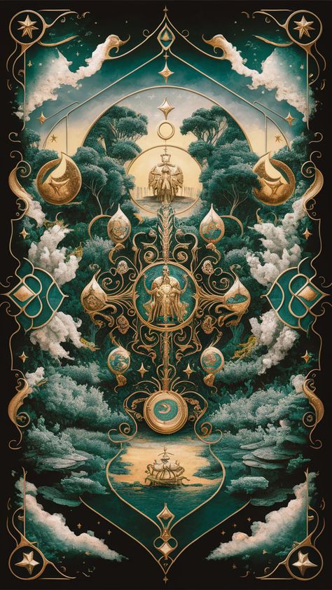 Transform your space with our mesmerizing tarot wallpaper design featuring intricate Major Arcana illustrations in a lush, dreamlike landscape. Merging Art Nouveau's flowing lines and vibrant colors with Art Deco's geometric shapes, this enchanting scene is adorned with celestial motifs. Perfect for introspection and wonder, it invites you to connect with the mystical world. #TarotWallpaper #HomeDecor #MysticalArt #ArtNouveau #ArtDeco The World Tarot Card Wallpaper, Tarot Card Art Nouveau, Dreamlike Landscape, Merging Art, Art Nouveau Tarot, Celestial Motifs, Ethereal Visions Illuminated Tarot, Ethereal Visions Tarot, Art Deco Geometric