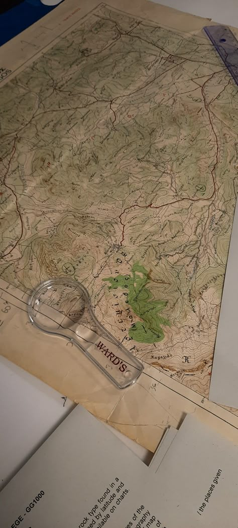 Picture of two maps, instructions and a small magnifying glass from a geology lab Geology Aesthetic Notes, Geology Major Aesthetic, Geology Student Aesthetic, Geologist Aesthetic, Geology Wallpaper, Geo Aesthetic, Geology Aesthetic, Geology Study, Conservation Biology