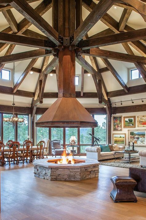 Octagonal Room, Timber Frame Great Room, Open Photography, Indoor Fire Pit, Silo House, Wooden House Design, Rustic Homes, Freestanding Fireplace, Account Executive