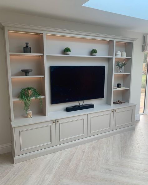 Four door media unit. Loving the proportion’s on this one, really suits the room 😁😁 #tvunit #interiordesign #furniture #livingroom… | Instagram Storage Tv Unit Ideas, Tv Room Cabinets, Ikea Tv Console Hack Media Center, Media Wall On Small Wall, Sitting Room Units, Mdf Media Wall, Media Units Living Room, Shaker Media Wall, Slim Media Wall