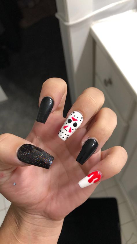 Friday The 13th Nails Acrylic, Friday 13 Nails, Friday 13th Nails, Horror Movie Nails Short, Friday The 13 Nails, Jason Voorhees Halloween Nails, Halloween Nails Jason, Jason Halloween Nails, Jason Voorhees Nails