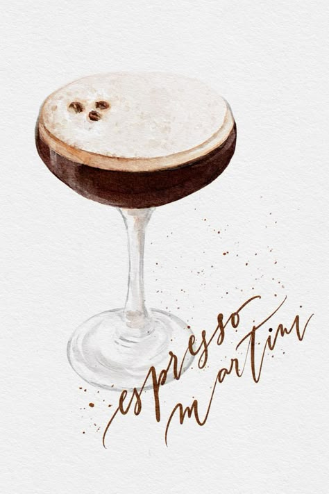 Espresso Martini - the trendy cocktail is back :) Espresso Martini Chalkboard, Espresso Martini Sketch, Espresso Martini Watercolor, Cocktail Painting Easy, Espresso Martini Graphic, Watercolor Cocktail Art, Espresso Martini Illustration, Espresso Martini Print, Espresso Martini Drawing