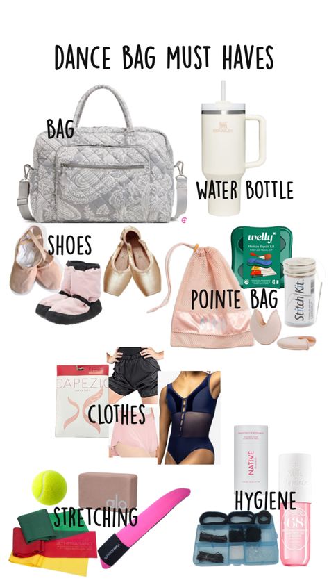 this is to help give you an idea of what to put in your bag for dance Bag Must Haves, Dance Class Outfit, Ballerina Workout, Dance Comp, Dancer Lifestyle, Cheer Workouts, Flexibility Dance, Gymnastics Mom, Ballet Bag