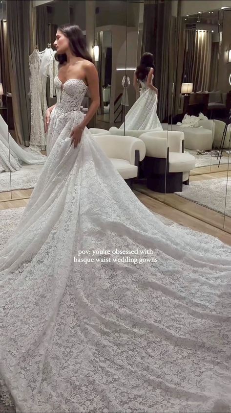 For those who can’t get enough of basque gowns, Opéra is your obsession fulfilled. This French guipure corseted ball gown redefines… | Instagram Galialahav Wedding Dress, Lace Wedding Dress Train, Wedding Dress With A Train, Bridal Dresses Corset Wedding Gowns, Lace Wedding Dress With Train, Wedding Dress Galia Lahav Haute Couture, Galia Lahav Opera, Lace Wedding Dress Veil, Long Wedding Dresses Train