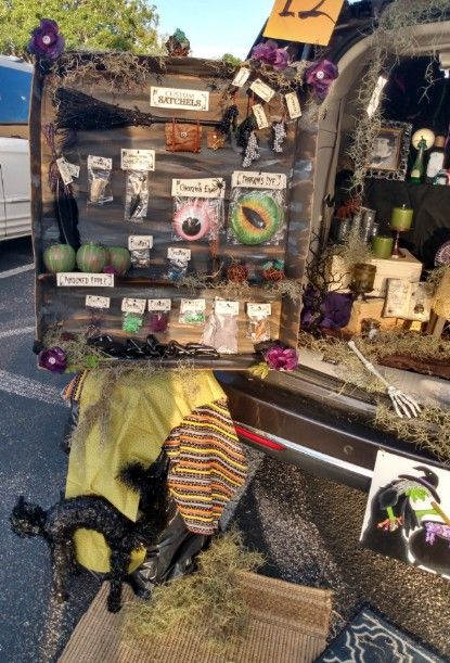 Trunk or treat ideas Witch House Trunk Or Treat, Diy Witch Trunk Or Treat, Pick Your Poison Trunk Or Treat, Trunk Or Treat Apothecary, Dnd Trunk Or Treat, Practical Magic Trunk Or Treat, Witches Brew Trunk Or Treat, Potions Trunk Or Treat, Halloween Witch Office Decorations