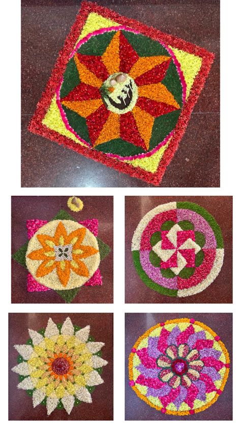 These are various designs of Pookkalam or flower rangoli used during 10 days of Onam celebrations. Pookkalam Designs Onam Small Simple, Pookkalam Designs, Onam Vibes, Simple Pookalam, Onam Pookalam Design, Floral Rangoli, Onam Pookalam, Pookalam Design, Very Easy Rangoli Designs