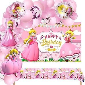 Princess Peach Birthday Party Supplies, Princess Peach Theme Party Decorations, Princess Peach Theme Party Favors Include Garland Arch Kit, Foil Balloon, Backdrop, Tablecloth Foil Balloon Backdrop, Peach Theme Party, Break Background, Princess Peach Birthday Party, Girls Birthday Theme, Princess Peach Birthday, Peach Birthday Party, Balloon Pattern, Peach Birthday