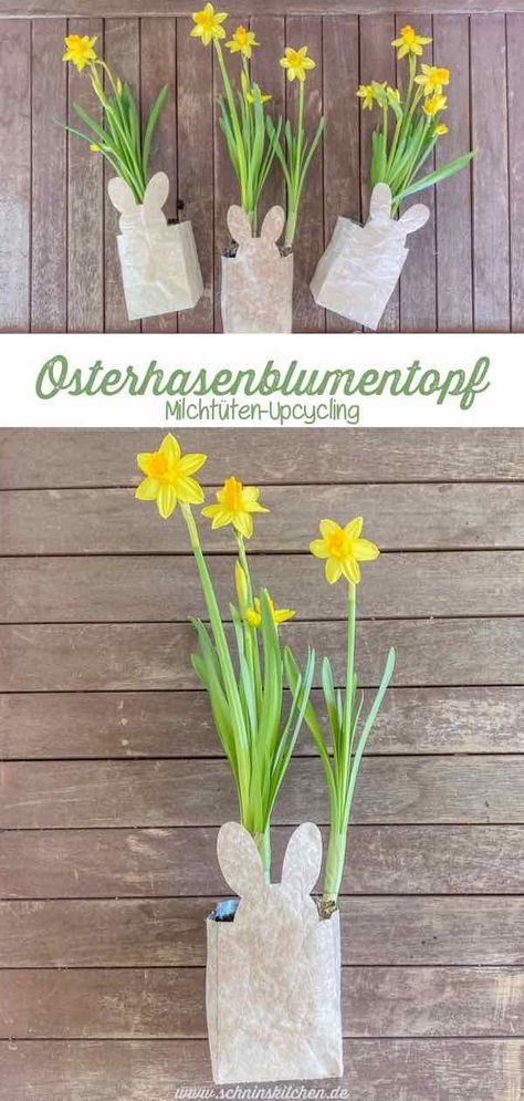 Osterhasenblumentopf aus Milchtüten basteln - Last Minute Upcycling DIY zu Ostern - als Pflanztopf oder Tischdeko, Osterkörbchen, Osternest oder kleines Ostergeschenk | www.schninskitchen.de  #DIY #Ostern #Osterhasen #Blumentopf #Milchtüten #Upcycling #basteln #schninskitchen Upcycling Diy, Diy Upcycling, Milk Carton, Hoppy Easter, Vintage Party, Easter Fun, Easter Kids, Easter Diy, Diy Food