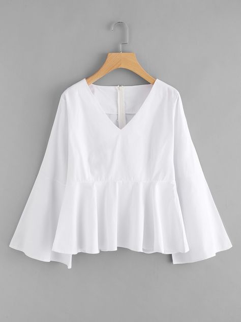 Wedding Dress Top Styles, Chiffon Blouses Designs, Flare Blouse, Fashion Tops Blouse, Hem Blouse, White Blouse, Flared Sleeves, Fashion Tops, Stylish Dresses