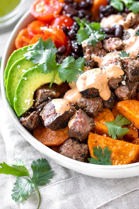 Steak Sweet Potato Bowl, Potato Taco Bowl, Steak And Sweet Potato, Charred Tomatoes, Blistered Shishito Peppers, Steak Bowl, Sweet Potato Bowl, Potato Bowl, Turkey Bowl