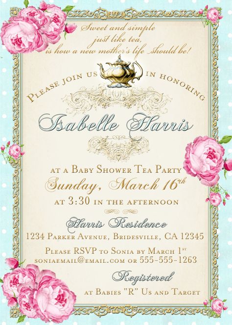 Tea Party Baby Shower Tea Party Invitation Floral by jjMcBean Tea Party Baby Shower Invitations, High Tea Baby Shower, Diy Tea Party, Vintage Bridal Shower Invitations, Pink Tea Party, Vintage Bridal Shower, Baby Shower Tea, Tea Party Invitations, Baby Shower Bbq