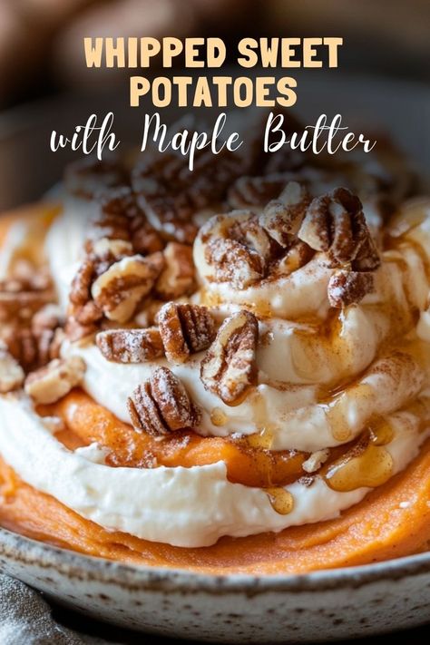 Enjoy creamy whipped sweet potatoes, topped with rich maple butter for a decadent, sweet holiday side dish. #SweetPotatoes #MapleButter Whipped Sweet Potatoes, Maple Butter, Holiday Side Dish, Holiday Side, Holiday Side Dishes, Sweet Potato Recipes, Family Dinners, Sweet Potatoes, Potato Recipes