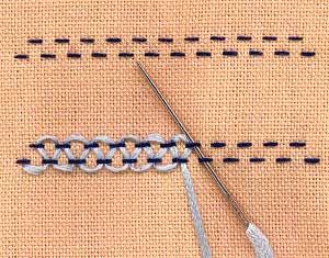 a step by step illustration of how to work stepped threaded running stitch Threaded Running Stitch, Sulaman Pita, Sew Ins, Tablet Weaving, Embroidery Stitches Tutorial, Pola Sulam, Sewing Stitches, 자수 디자인, Silk Ribbon Embroidery