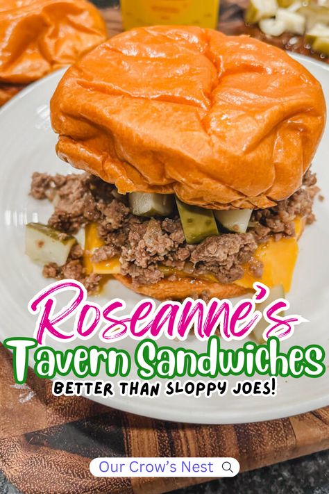 This Roseanne’s Inspired Loose Meat Tavern Sandwiches recipe is the perfect meal for weeknight dinners.  Toasted hamburger buns loaded with a juicy ground beef mixture and topped with chopped dill pickles and yellow mustard is the ultimate comfort food.  Your whole family is going to request these simple sandwiches weekly!
#groundbeef #groundbeefrecipe #loosemeatsandwich #maidritesandwich Ground Beef On Bun Recipes, Taverns Recipe Sandwiches, Tavern Sandwich Ground Beef, Ground Beef Recipes Sandwich, Meat Buns Recipe Ground Beef, Loose Meat Sliders Ground Beef, Uses For Hamburger Buns, Ground Beef Sandwich Ideas, Loose Meat Burgers