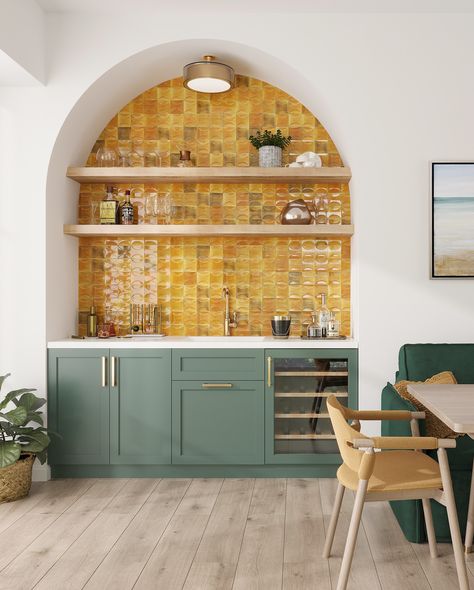 Transform your space with a splash of color and texture 🌟 Our Luna Ceramic Subway Tile is a go-to for an effortlessly chic vibe. Perfect for adding a subtle yet stunning touch to any room. 🔨Who’s ready for a mini reno? Swipe through and tell us which Luna tile is your favorite! Patterned Tile Backsplash, Colorful Backsplash, Ceramic Square, Eclectic Kitchen, Green Cabinets, Dining Nook, Square Tile, Kitchen Tiles Backsplash, Wet Bar