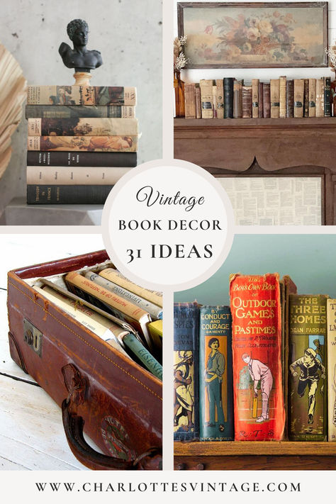 There are so many ways to use vintage books in your home decor to evoke an antique decorating style. From stunning bookshelf arrangements to table placemats, learn how easy it is to effortlessly achieve a vintage look without spending too much. Those who love vintage decor are invited to follow my ideas below for the ultimate antique-inspired interior with lovely old books.

vintage book decorating, light academia books, books by color, book stacks, antique books, vintage books, bookworm decor Mantle Decor With Books, Old Books Decor Display, Use Books As Decor, Vintage Book Decor Ideas, Entryway Books, Books On Floor Aesthetic, Encyclopedia Aesthetic, Decorating With Books Ideas, Old Bookshelf Aesthetic