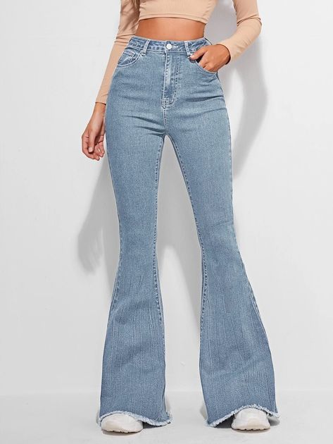 High Waist Slant Pocket Raw Hem Flare Leg Jeans | SHEIN USA Flair Jeans, Outfit Jeans, Flare Leg Jeans, Cute Jeans, Light Wash Denim, Trendy Fashion Women, Denim Women, Flare Jeans, Bell Bottom Jeans