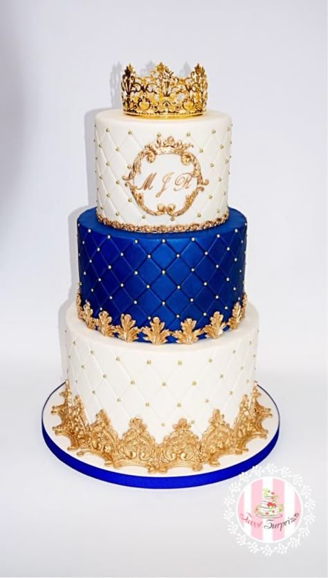 A Royal cake for a little prince  by Sweet Surprizes Royal Blue And Gold Cake Quinceanera, Royal Blue Quinceanera Cake, Royal Blue Cake Quinceanera, Royal Cake Design, Royal Blue And Gold Cake, Royal Prince Cake, Prince Birthday Cake, Birthday Cake Design Ideas, Prince Baby Shower Cake