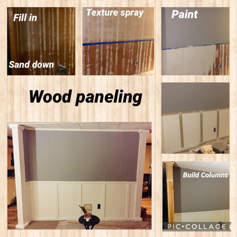 Filling in the grooves of the panel Makeover Wood Panel Walls, Trailer Wood Paneling Makeover, Old House Paneling, Remodel Paneling Walls, Old Mobile Home Interior, How To Upgrade Wood Panel Walls, Old Wood Paneling Makeover, Painted Wooden Panel Walls, Filling In Wood Paneling Grooves