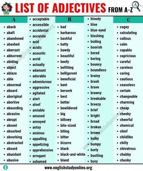 List of Adjectives: A Huge List of 900+ Adjectives in English for ESL Learners - English Study Online Reading Reference, Adjectives In English, Common Adjectives, List Of Adjectives, English Adjectives, Phonics Posters, Improve Your Vocabulary, Esl Resources, Education Templates