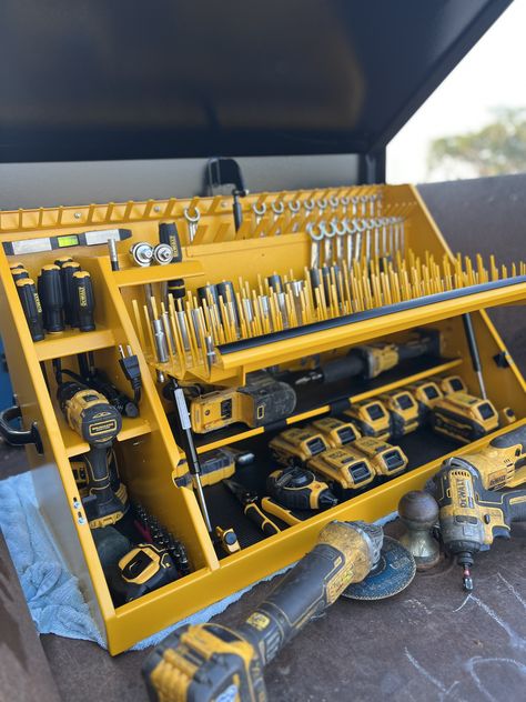 Take a  look inside   @draggin_up_welding_’s  36 x 17 Yellow/Black DeWalt Triangle!  Tap to shop DeWalt Triangles.  #montezumastorage #dewalt #dewalttough #toolstorage #toolorg #newproduct #triangletoolbox #toolbox #tools #truck #garage #workshop Truck Toolbox Organization, Truck Garage, Tool Chests, Service Truck, Truck Tool Box, Garage Storage Solutions, Tool Cart, Storage Idea, Tool Box Organization