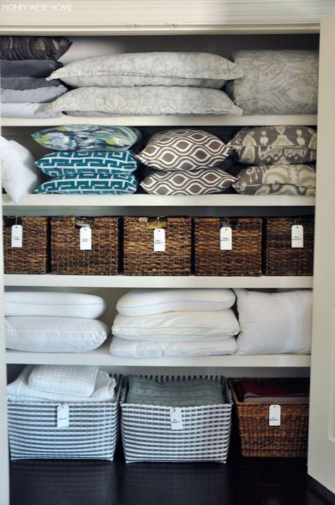 Organized Linen Closet with woven bins from Target and handwritten labels | Honey We're Home Linen Closet Storage, Organizing Linens, Organized Closet, Linen Cupboard, Linen Closet Organization, Home Organisation, Laundry Room Organization, Storage Hacks, Linen Closet