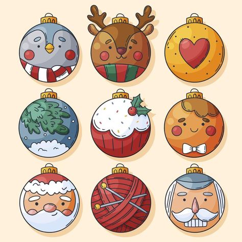 Set of hand drawn Christmas decorations and balls Christmas Drawing Ornaments, Christmas Bobbles Drawing, Christmas Ornament Drawing Ideas, Christmas Bulb Drawing, Christmas Idea Drawing, Christmas Bauble Drawing, Decorating Christmas Balls, Cute Christmas Art Drawing, Christmas Decor Ideas Drawing