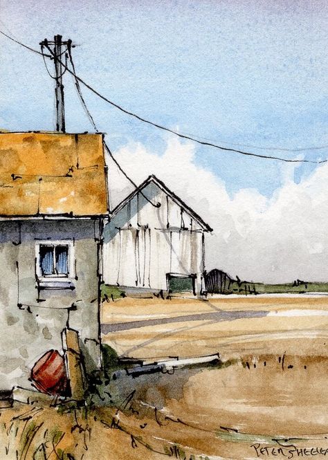 Line And Wash Watercolor, Peter Sheeler, Line And Wash, Watercolor Barns, Watercolor House Painting, Watercolor Scenery, Landscape Design Drawings, Perspective Drawing Architecture, Watercolor Art Diy