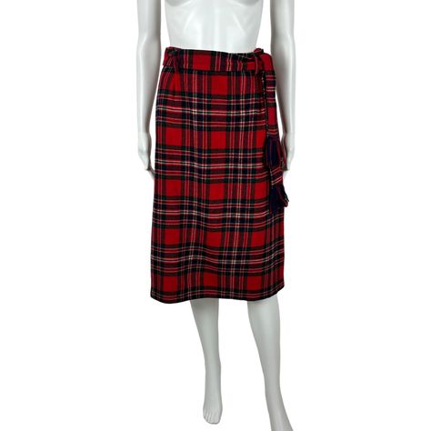 Vintage 70s Tartan Skirt Women's XS Red Wool Plaid Fringe Belt Knee Length Fringe Belt, Fringed Belt, Tartan Skirt, Red Wool, Hook Eye, Wool Plaid, Vintage Skirt, Vintage 70s, Side Zipper