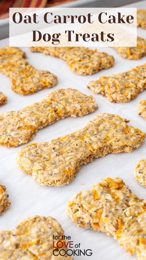 Inspired by the flavors of carrot cake, these tasty oat carrot cake dog treats are sure to make your dog happy.     #recipes #dogtreats #puppytreats #doggietreats #homemadedogtreats Carrot Dog Treats, Oat Carrot Cake, Dog Cake Recipes, Dogs Treats, Cake Dog, Carrot Dogs, Dog Biscuit, Dog Biscuit Recipes, Easy Dog Treats