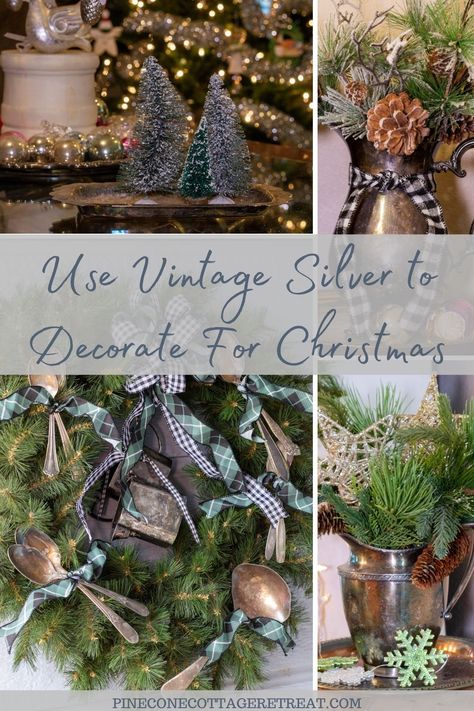 Using Vintage Silver In Decor, Sterling Silver Christmas Decorations, Decorating With Vintage Silver Pieces For Christmas, Silver Plate Christmas Decor, Repurposed Silver Serving Pieces, Decorating With Old Silver Pieces, Vintage Silver Decor Ideas, Vintage Silver Christmas Decor, Using Silver Pieces To Decorate