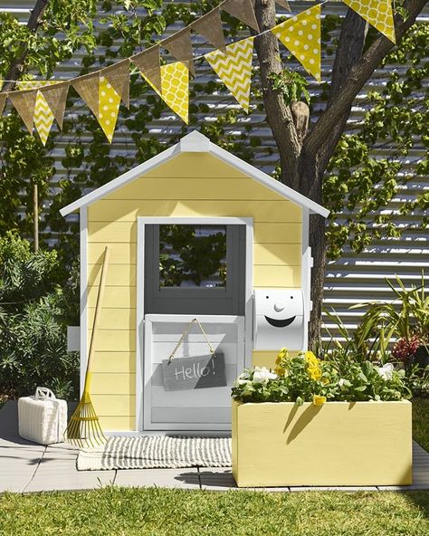 Paint your cubby house with the amazing colours of Dulux Weathershield. Featuring Dulux Lemon Delicious Photography by… Cubby House Ideas, Kids Cubby, Dulux Weathershield, Kids Cubby Houses, Kids Cubbies, Outdoor Play Space, House Colour, Cubby House, Playhouse Outdoor