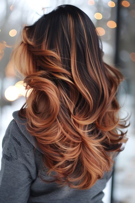 Pretty Hair Color Natural, Ombre Balayage Hair Medium Length, Cowboy Copper Hair Brunette Ombre, Copper And Gold Balayage, Gold Hair Styles, Cherry Balayage Brunettes, Red And Brunette Balayage, Cute Natural Hair Colors, Balayage Hair Red