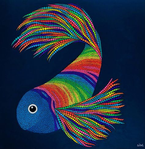 70x70 acrylic on canvas Whale Dot Painting, Fish Dot Art, Koi Dragon, Painting Fish, Birthday Painting, Doll Divine, Rainbow Fish, Painted Flower Pots, Paint Night