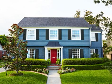 Dark Blue Houses, Red Door House, Blue Siding, Red Front Door, House Redo, Hgtv Magazine, House Updates, Grey Houses, Exterior Makeover