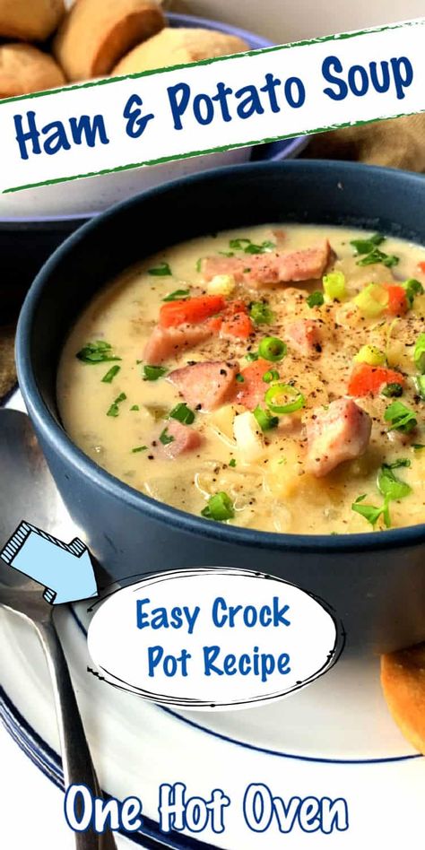 You will love this easy and creamy Crockpot Ham and Potato Soup for a bowl full of smoky ham, tender potatoes and carrots. Top your bowl off with a sprinkling of chees for a bowl of comfort food. Crockpot Ham Potato Soup, Crockpot Ham And Potato Soup, Easy Crockpot Ham, Creamy Ham And Potato Soup, Crockpot Ham And Potatoes, Ham Potato Soup, Slow Cooker Potatoes, Ham And Potato Soup, Ham Potato