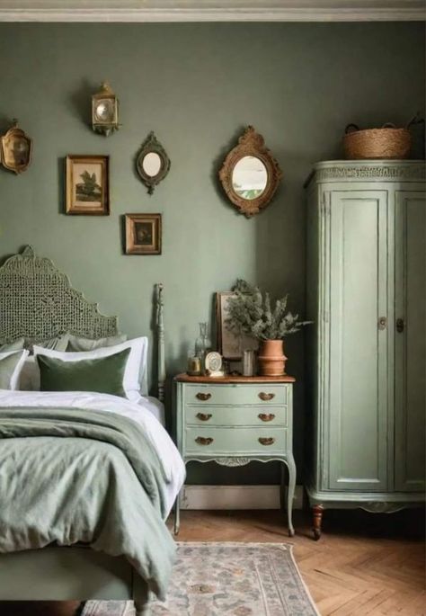 Relaxing Green Bedroom Ideas, Blue And Green Bedroom Ideas, Sage Green Bedroom Walls, Green Aesthetic Bedroom, Sage Green Accent Wall, Cozy Bedroom Paint Colors, Green Pallet, Cactus Bedroom, Color Drenching