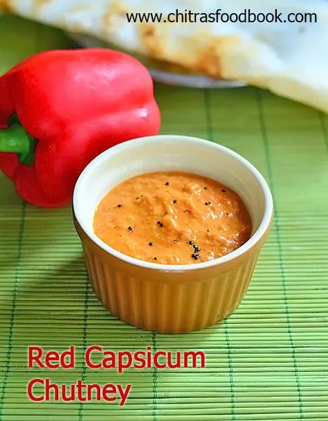 red capsicum chutney with peanuts Capsicum Chutney, Pepper Chutney, Capsicum Recipes, Onion Chutney, Peanut Chutney, Green Capsicum, Idli Dosa, Grated Coconut, Chutney Recipes