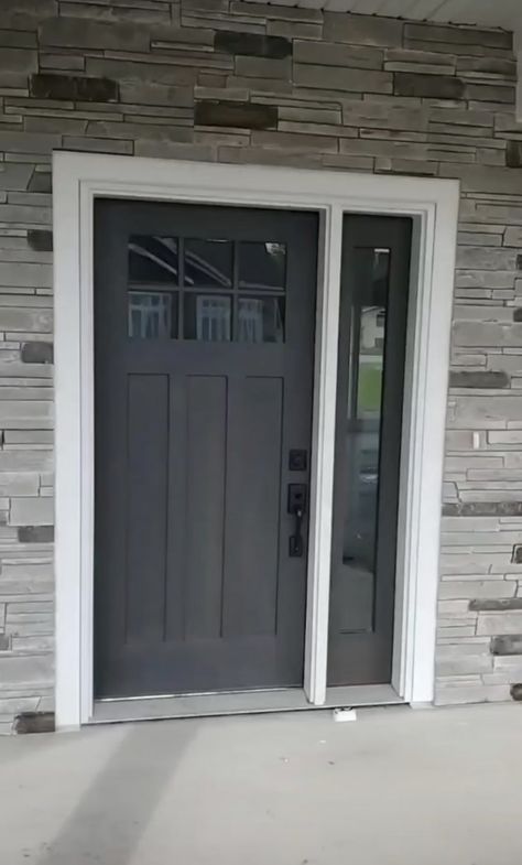 Front Door Side Light, Slate Front Door, Black Front Door Gray House, Charcoal Grey Front Door, Dark Grey Front Door Exterior, Gray House Front Door Color Ideas, Charcoal Gray Front Door, Recessed Front Door Entrance, Dark Gray Front Door