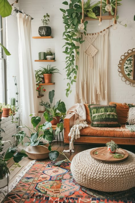 Boho Living Rooms with Living Walls: 65 Ideas - TastyInteriors Boho Bedroom Living Room, Cozy Boho Home Inspiration, Boho Theme House, Jungle Boho, Boho Corner, Bohemian Interior Design Living Rooms, Boho Home Inspiration, Boho Bungalow, Interior Balcony