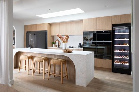 The Block 2023 – House 1 Kitchen | Kinsman Kitchens The Block 2023, Cement Interior, The Block 2022, Pantry Layout, Two Tone Cabinets, Kitchen Benchtops, Kitchen Clutter, Oak Panels, Low Cabinet