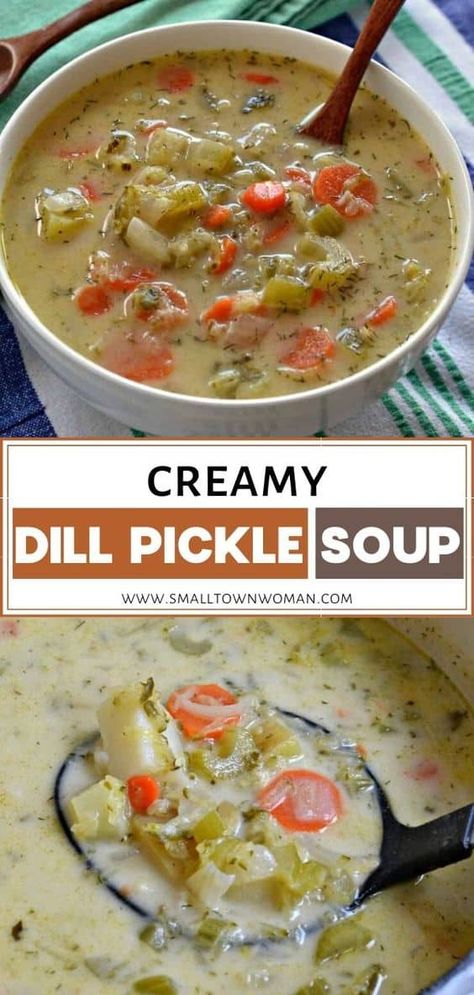 The perfect comfort food for dinner! Creamy Dill Pickle Soup is a family-friendly soup recipe that combines grated dill pickles with potatoes, onions, celery, carrots, and garlic. This unusual soup is a must-try and will quickly become a favorite! Save this loaded dill pickle soup for later! Tangy Dill Pickle Potato Soup, Creamy Dill Pickle Soup, Dill Pickle Soup, Dill Pickle Pasta Salad, Pickle Soup, Food For Dinner, Potatoes Onions, Creamy Potato Soup, Crockpot Soup Recipes