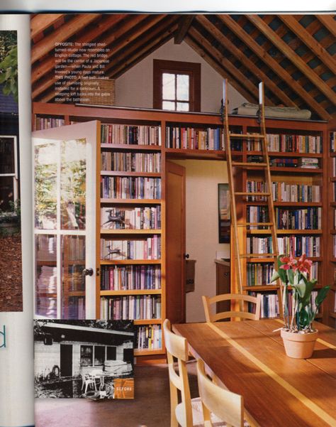 Ever feel like you just don’t have space in your house for a library? You aren’t alone. Some clever homeowners have created charming reading spaces in garden sheds. Reading Spaces, Garden Shed Interiors, Office Shed, Shed Office, Large Sheds, Storage Shed Plans, Shed Kits, Backyard Sheds, Garden Sheds