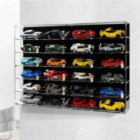 Lego Speed Champions Display Ideas, Lego Speed Champions Display, Toy Car Display Ideas, Car Bookshelf, Speed Champions Display, Lego Storage Ideas Display, Lego Display Shelf, Lego Displays, Lego Storage Ideas