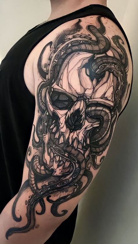 Scary Octopus Tattoo, Octopus Leg Tattoo Men, Octopus Neck Tattoo, Arm Sleeve Tattoos For Men Ideas, Octopus Shoulder Tattoo, Tattoos Octopus, Unusual Tattoos, Tentacle Tattoo, Octopus Tattoo Sleeve