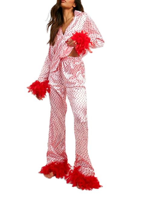 PRICES MAY VARY. Material: Women two piece pajamas set made of polyester fiber. Soft, breathable, lightweight, skin friendly, little stretchy, comfy to wear and touch. Heart pink lounge pajamas set, feather two piece outfits tracksuit. Features: Women Valentine’s day 2pcs lounge set, heart printed, lounge sleeve button down shirt tops, lapel collared, satin fabric, feather trim matching set, low rise pants, wide leg pants set, relax fit, holiday 2 piece pajamas set, trendy y2k outfit tracksuit s Pajama Party Grown Up, Adult Pajamas Party, Pajamas Long Sleeve, Matching Pants Set, Cute Sleepwear, Feather Trim, Pajama Party, Top Pants Set, Satin Pajamas