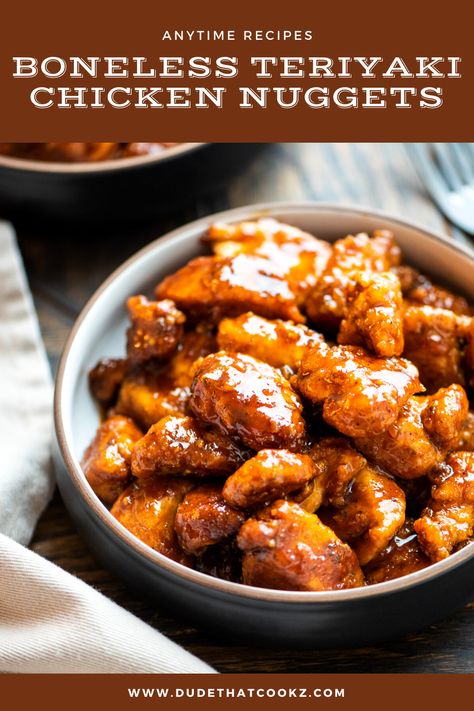 These Boneless Teriyaki Chicken Nuggets are made with tender chunks of chicken breast blended with the perfect balance of sweet, tangy, Asian-influenced flavors. This recipe can be served solo as a quick and easy snack or with rice or veggies for a complete meal. #chickenrecipes #bonelesswings #chickennuggets #chickenbites #appetizers #teriyaki Teriyaki Chicken Nuggets, Asian Chicken Nuggets, Nugget Recipes, Teriyaki Chicken Breast, Fowl Recipes, Turkey Food, Costco Chicken, Chicken Strip Recipes, Teriyaki Sauce Recipe